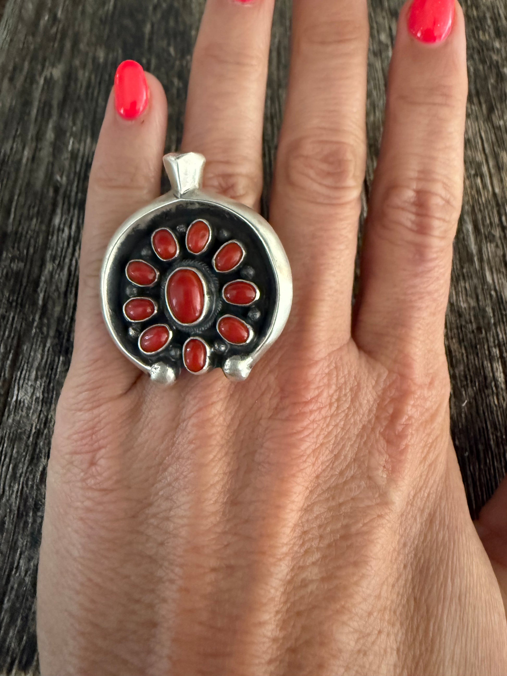 Leon Martinez Handmade Custom Silver Coral Adjustable Ring