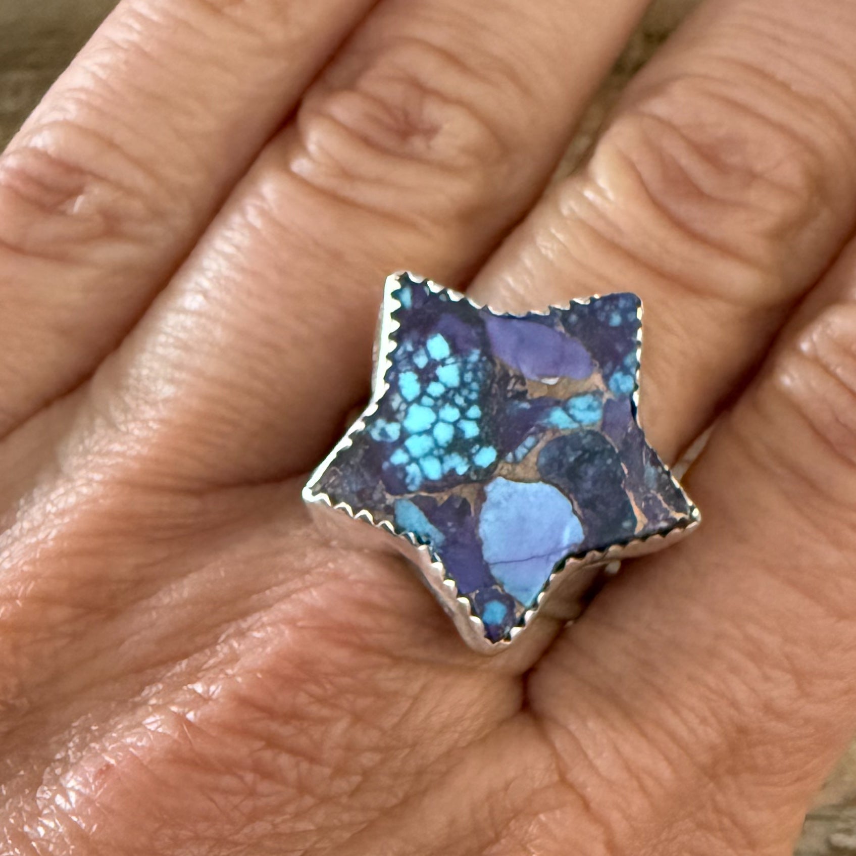 Authentic Native American Handmade Purple Mojave Turquoise Star Ring Size 10.
