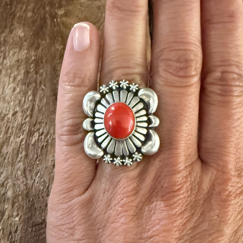 Authentic Native American Handmade Thomas Jim Mediterranean Coral Ring size 7 1/4.