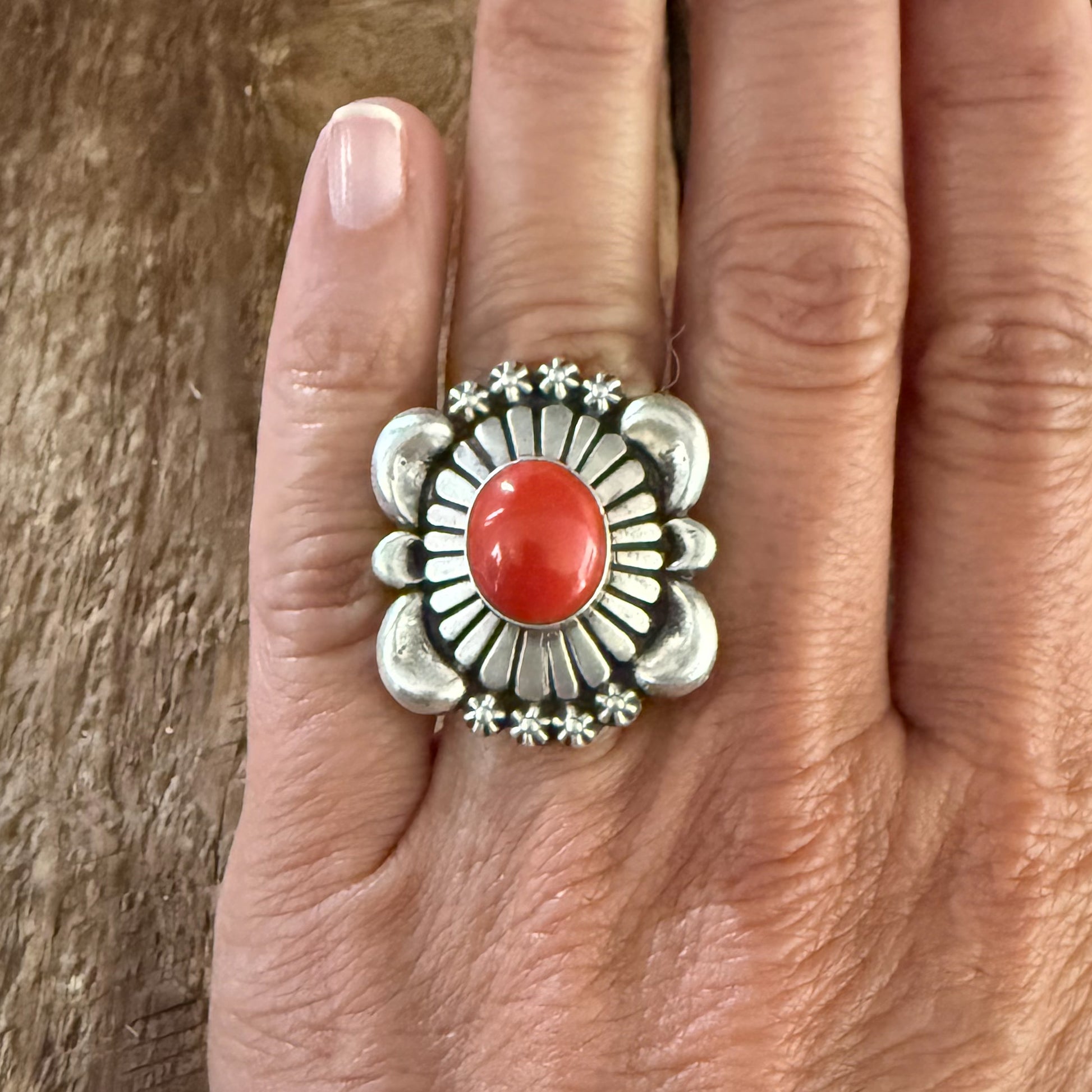 Authentic Native American Handmade Thomas Jim Mediterranean Coral Ring size 7 1/4.