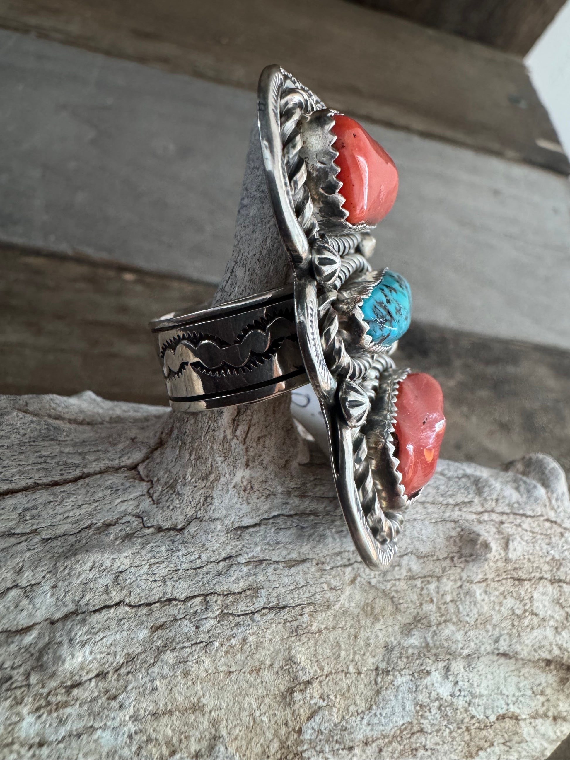 Vintage Handmade Silver-Turquoise and Coral Adjustable Ring