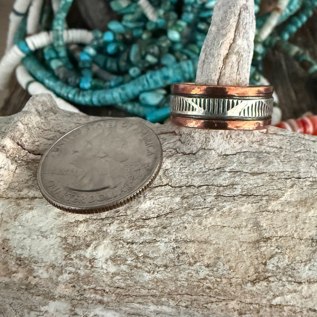 Authentic Native American Handmade Copper and Sterling Silver Stamped Ring size 9