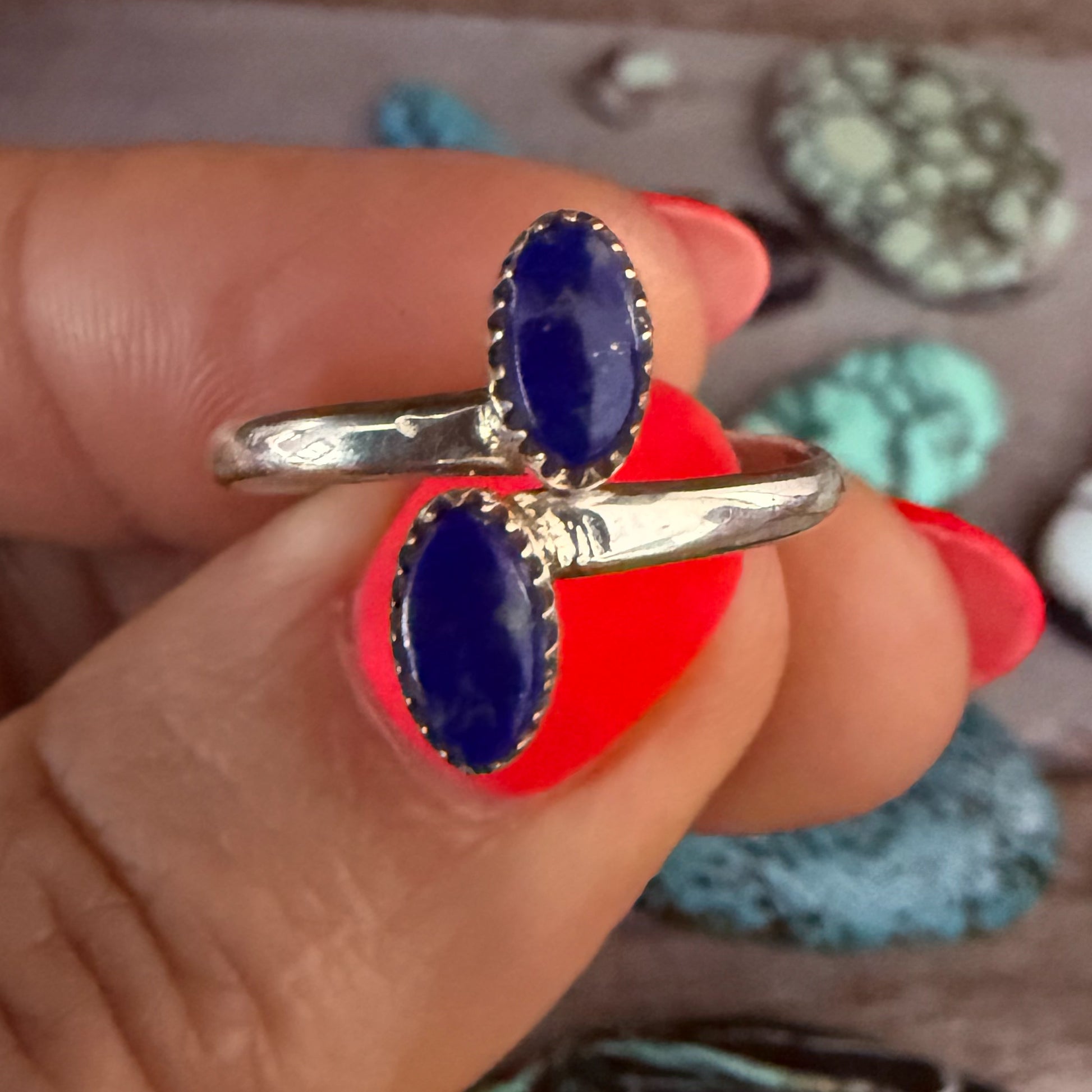 Authentic Native American Handmade Sterling Silver and Lapis Adjustable Ring.