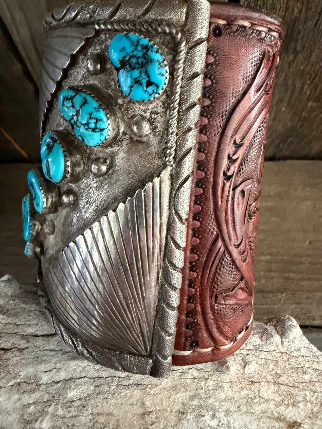 Native American Vintage Handmade Mens Leather- Sterling Silver Cuff Sleeping Beauty Turquoise