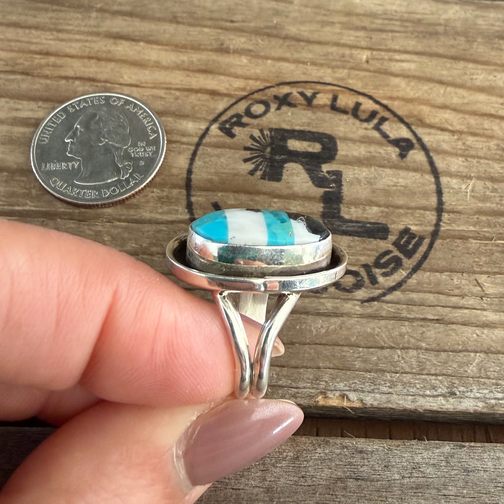 Authentic Native American Handmade Sterling Silver, Turquoise, and White Buffalo Ring size 5 1/2