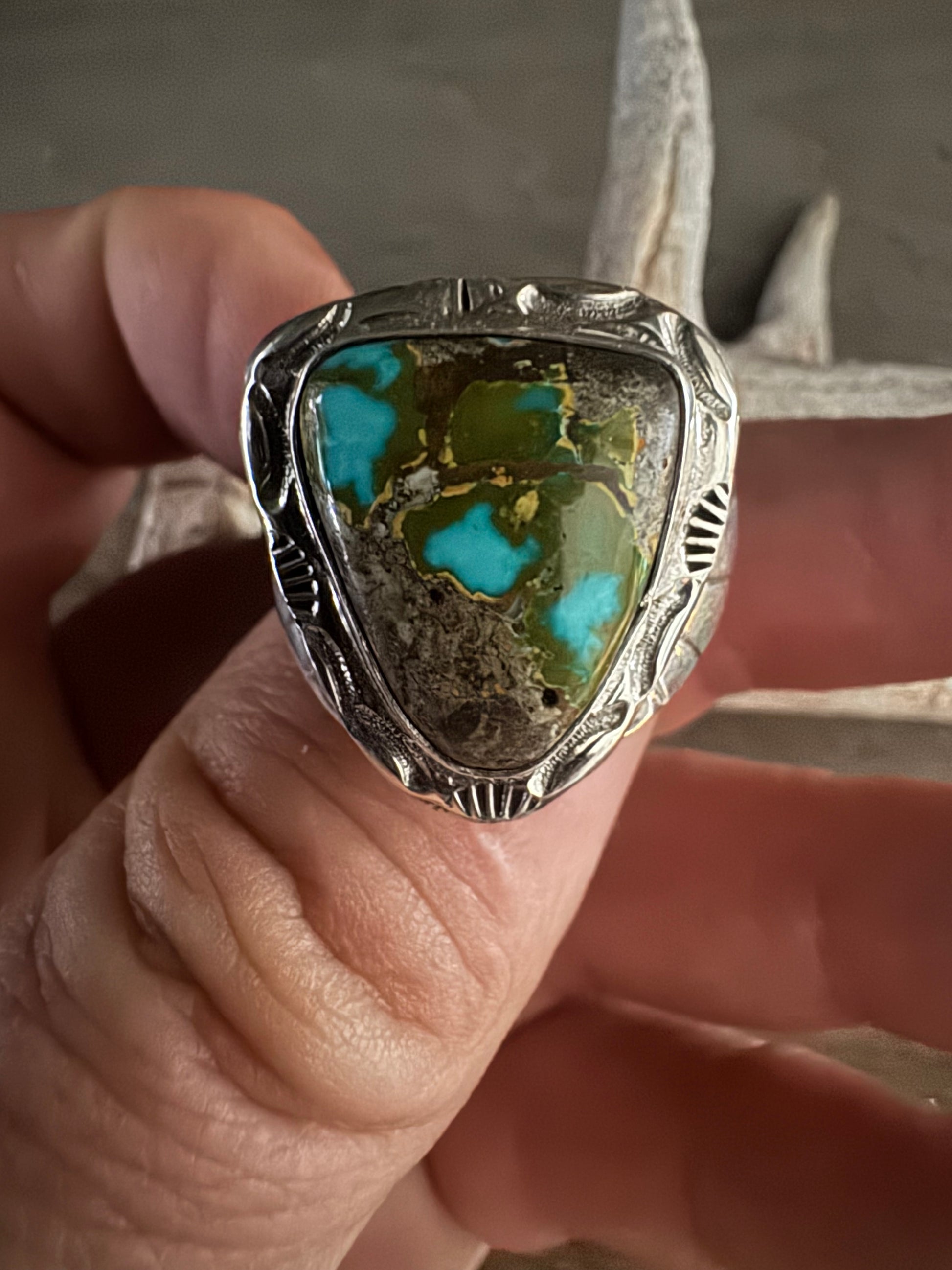 Handmade Sterling Silver Thunderbird, Turquoise Ring Size 13.5