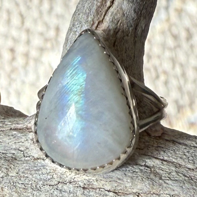 Authentic Native American Handmade Sterling Silver and Moonstone Ring Size 7 1/2.
