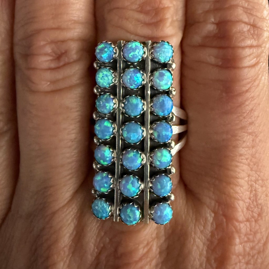 Authentic Native American Handmade Sterling Silver and Opal 7 Row Ring size 10.