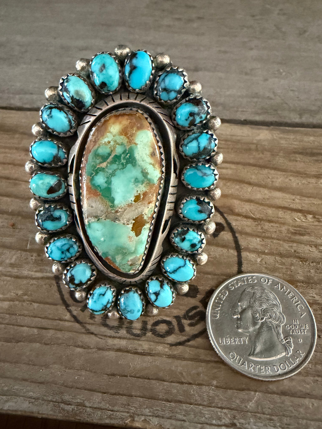 Native American Marcus Chavez Handmade Turquoise Cluster Ring Size 10