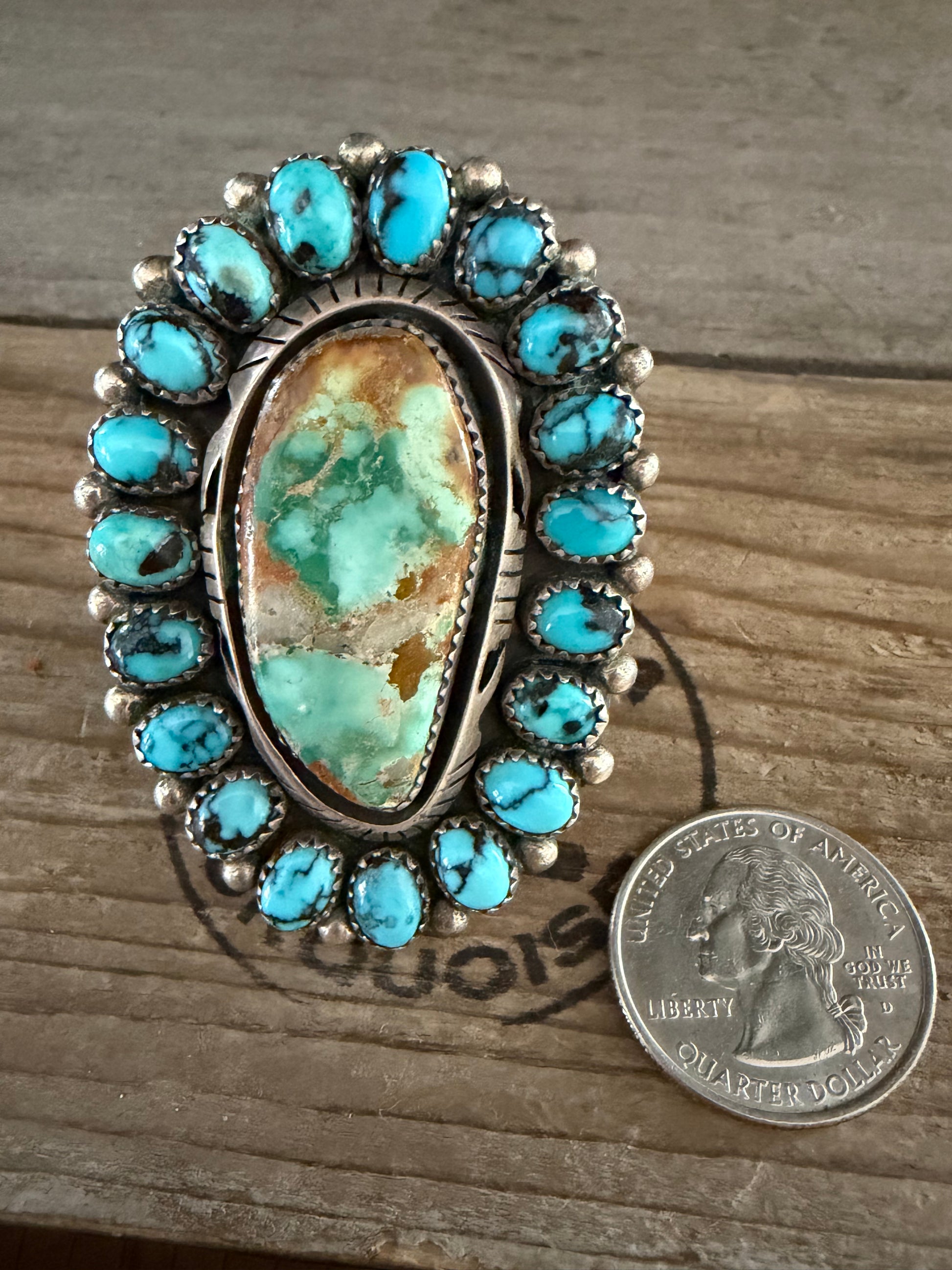 Native American Marcus Chavez Handmade Turquoise Cluster Ring Size 10