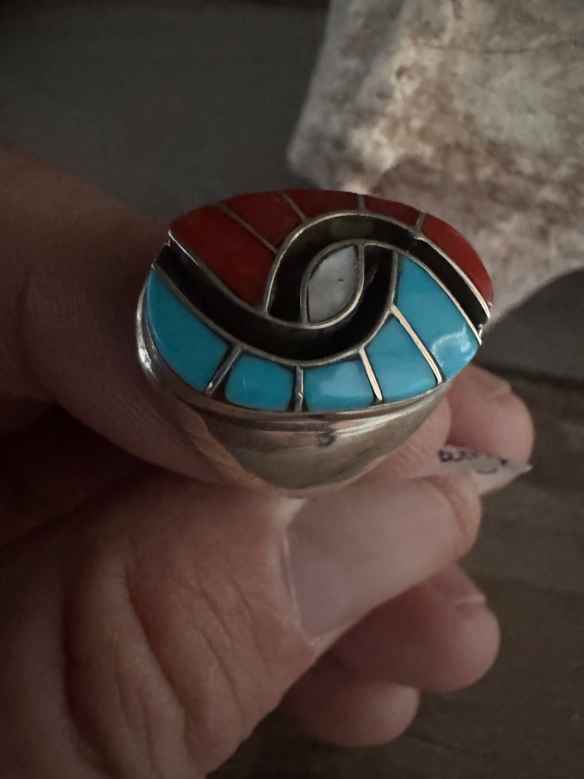 Turquoise-Mother of Pearl-Coral Handmade Ring Size 9.5