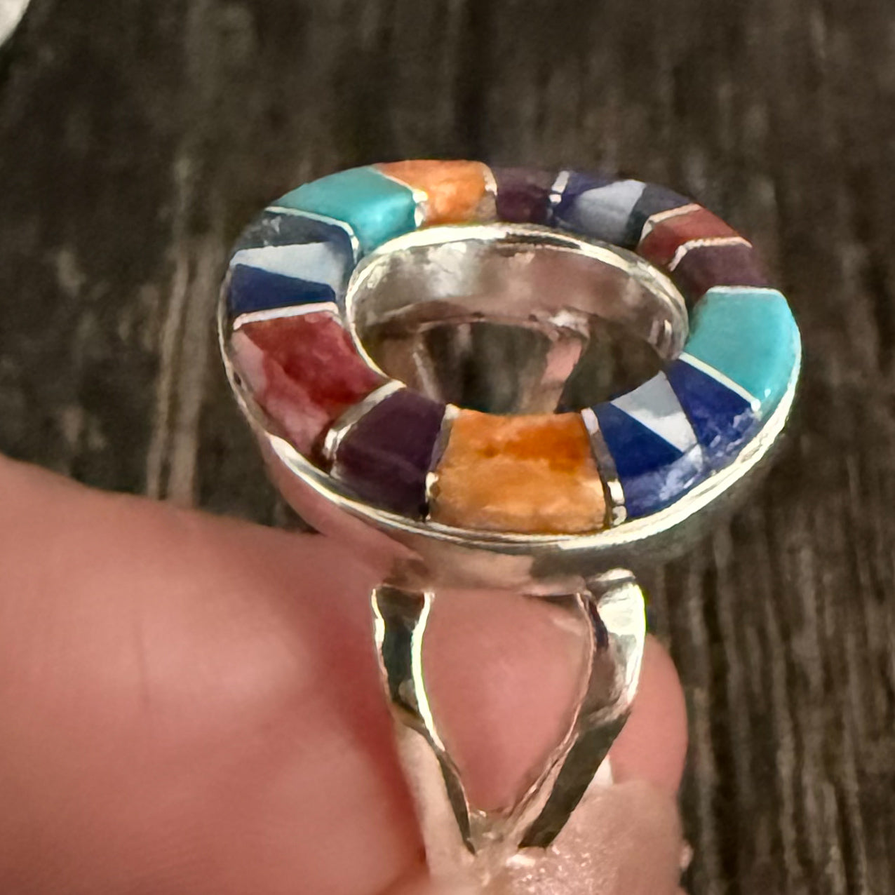 Authentic Native American Handmade Sterling Silver Zuni Inlay Ring by Calvin Begay size 7 3/4.