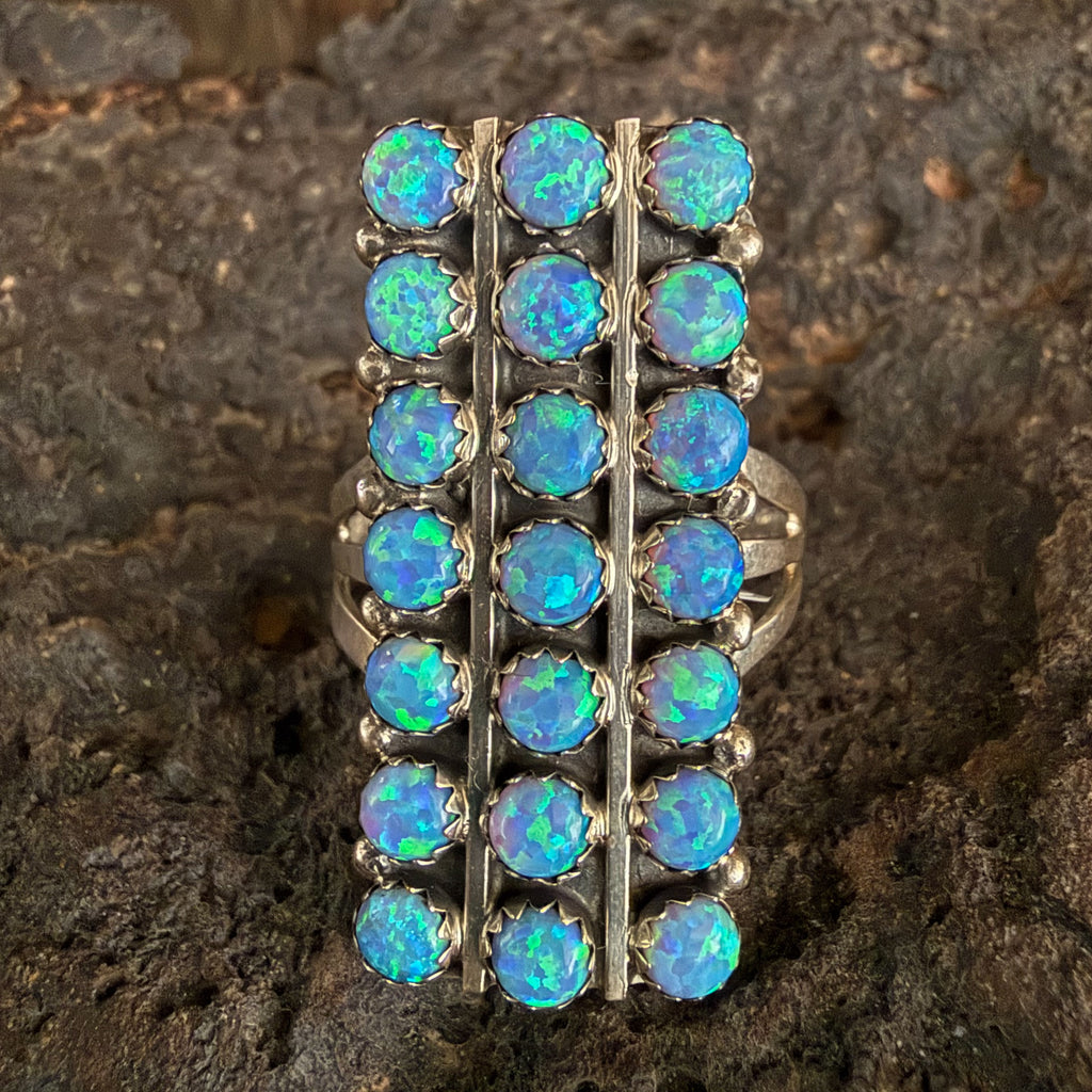 Authentic Native American Handmade Sterling Silver and Opal 7 Row Ring size 10.
