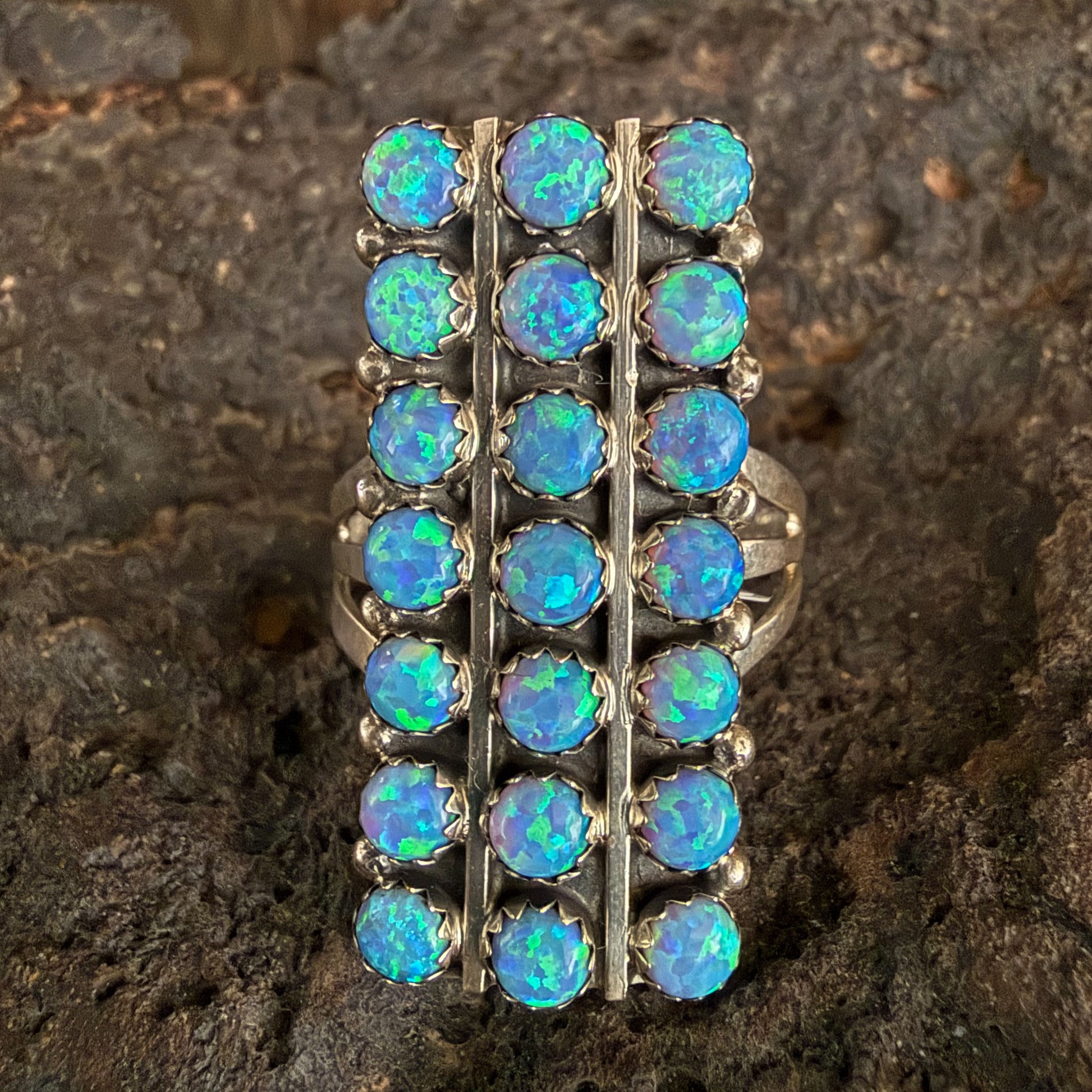 Authentic Native American Handmade Sterling Silver and Opal 7 Row Ring size 10.