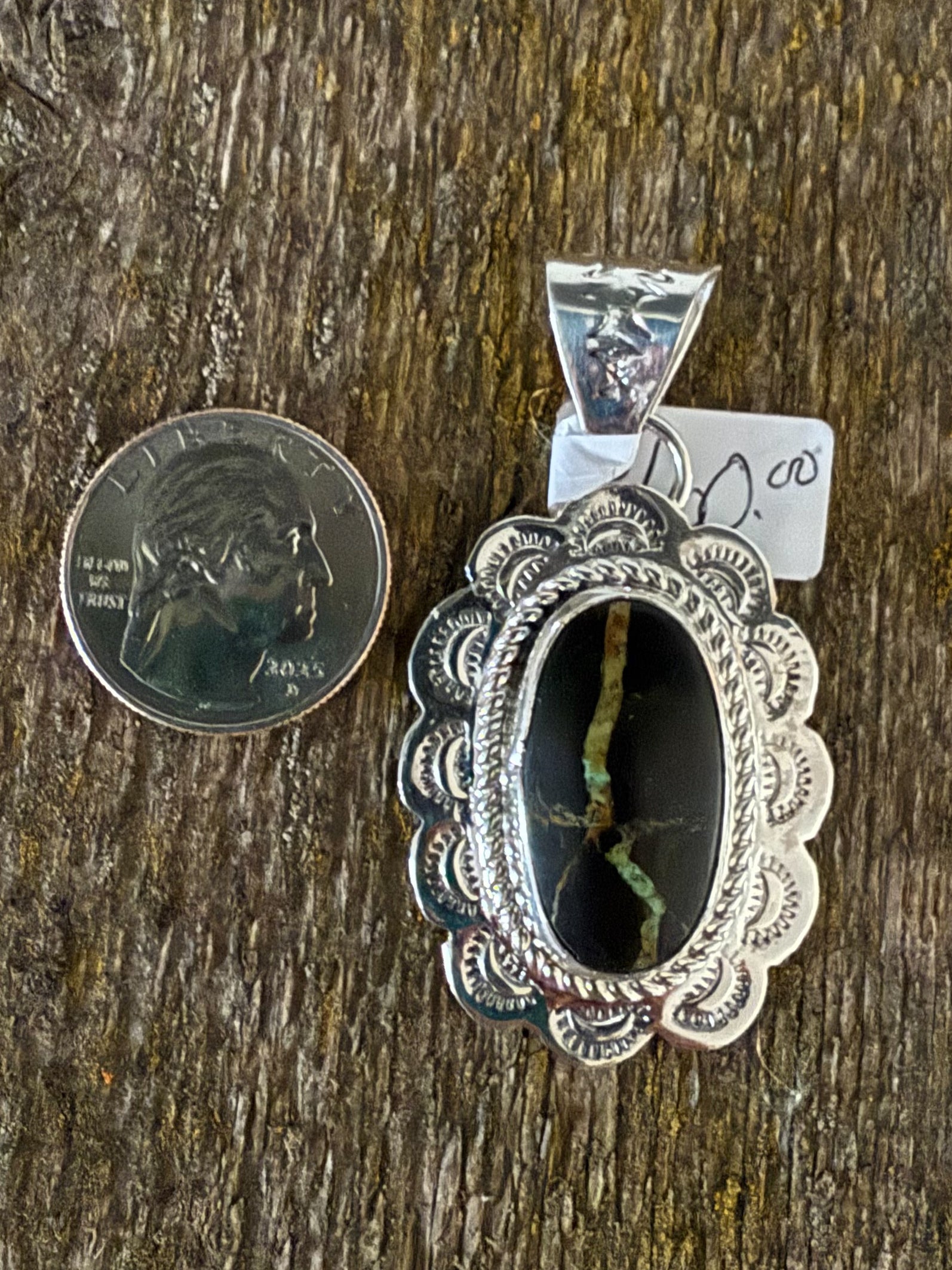 Authentic Native American Handmade Stamped Sterling Silver and Black Jack Turquoise Pendant