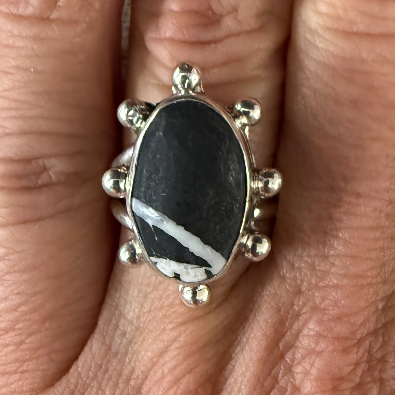 Authentic Native American Handmade Sterling Silver and White Buffalo Adjustment Ring