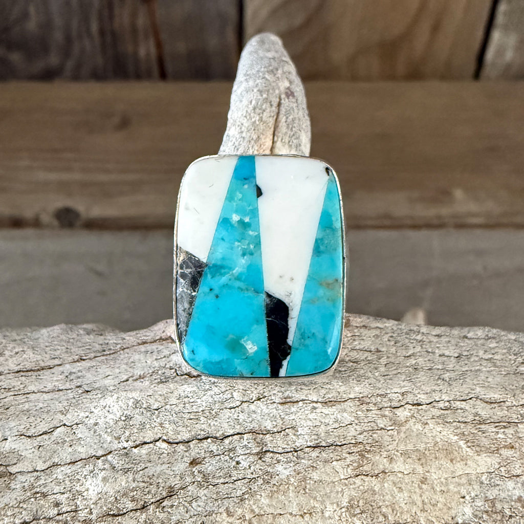Authentic Native American Handmade Sterling Silver, White Buffalo and Turquoise Ring size 5.
