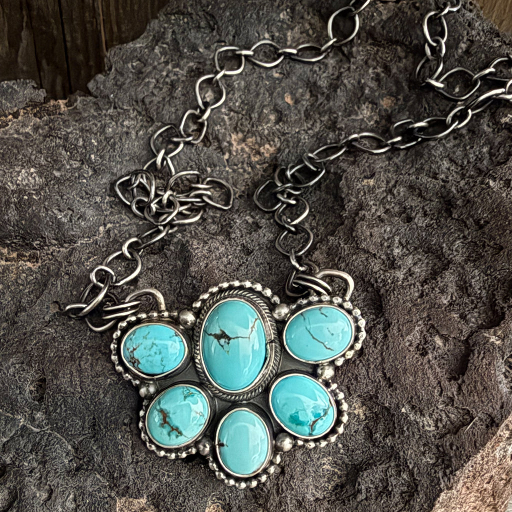Authentic Native American Handmade Sterling Silver and Turquoise 18” Cluster Necklace