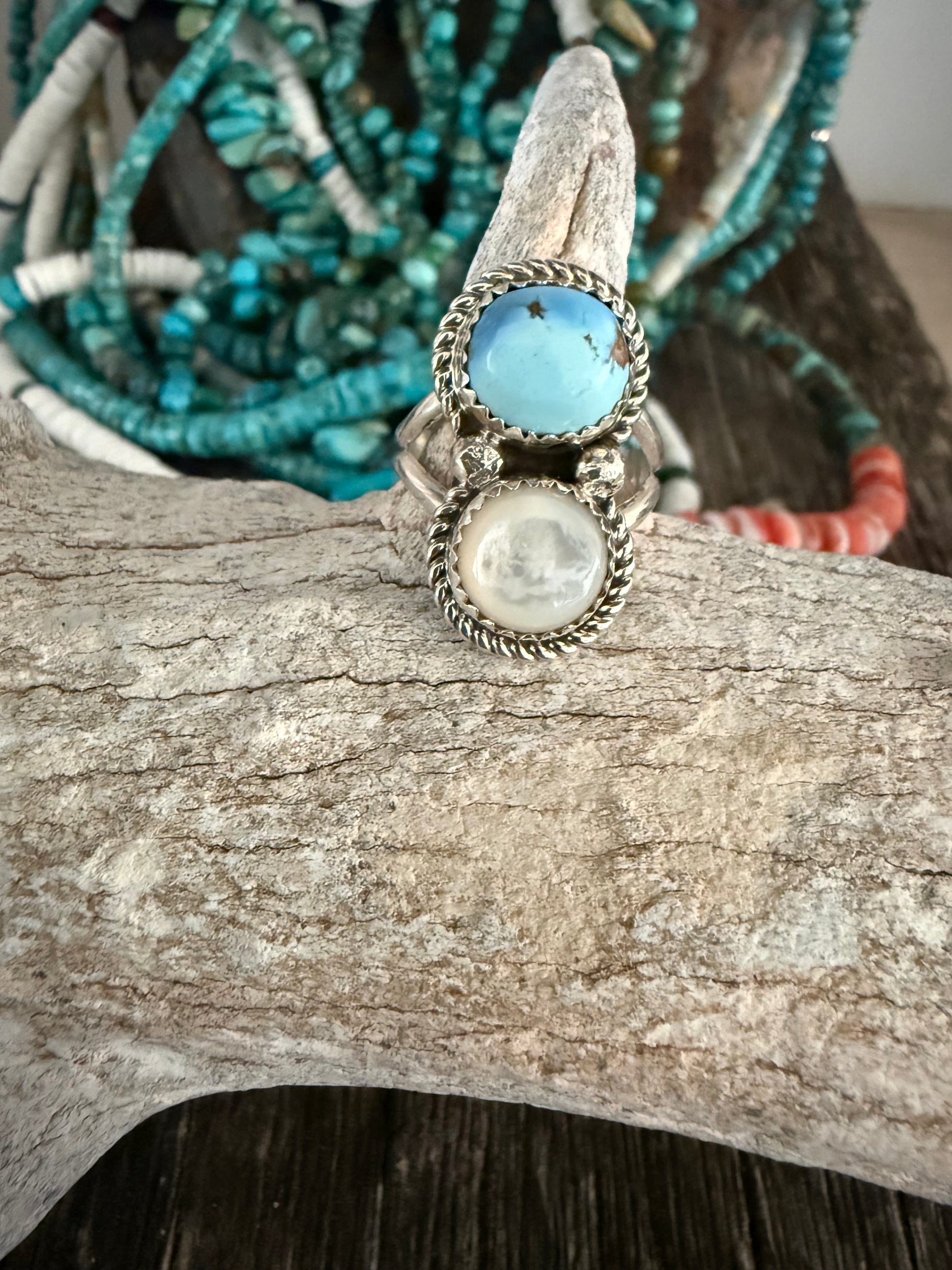 Authentic Native American Handmade Sterling Silver, Golden Hills Turquoise, and Moonstone Ring size 7 1/2.