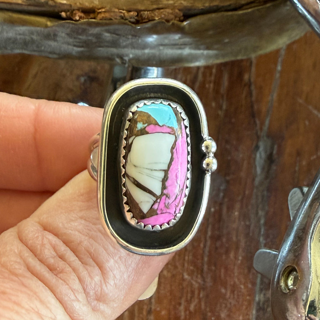 Authentic Native American Handmade Sterling Silver and Cotton Candy Ring size 7 1/4