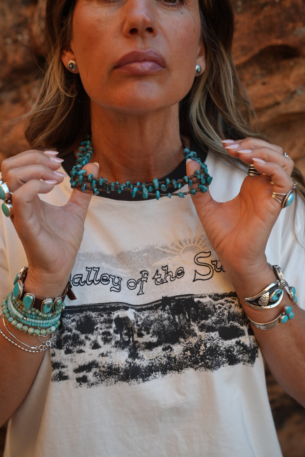 Native American Marquez Tachiini Handmade Heishi Bead Kingman Nugget 3 Strand Necklace