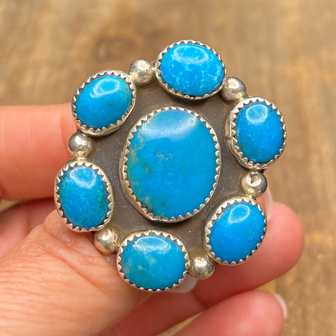 Authentic Native American Handmade Sterling Silver Turquoise Flower Cluster Ring Size 7 1/2.