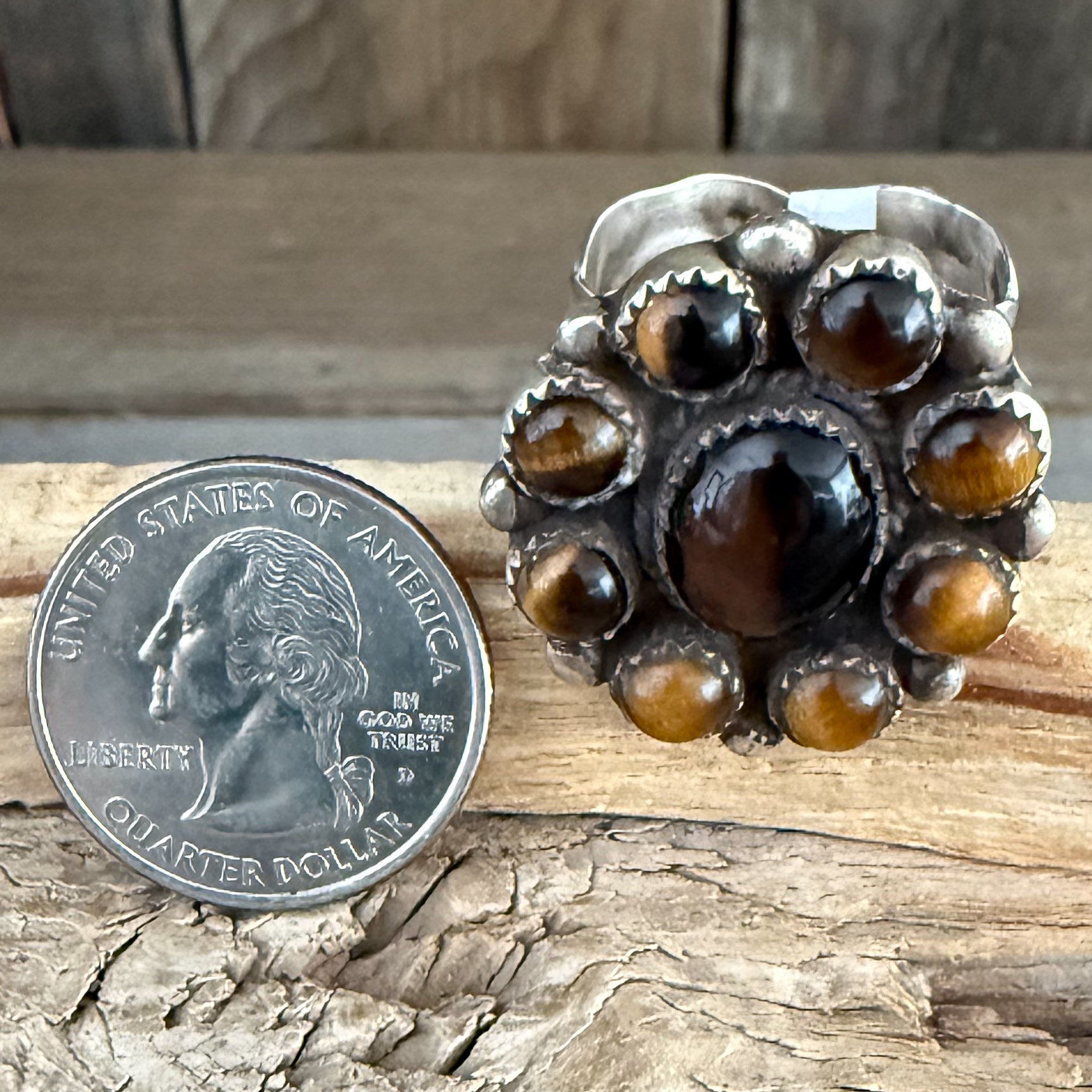 Authentic Native American Handmade Sterling Silver and Tigers Eye Ring size 11.
