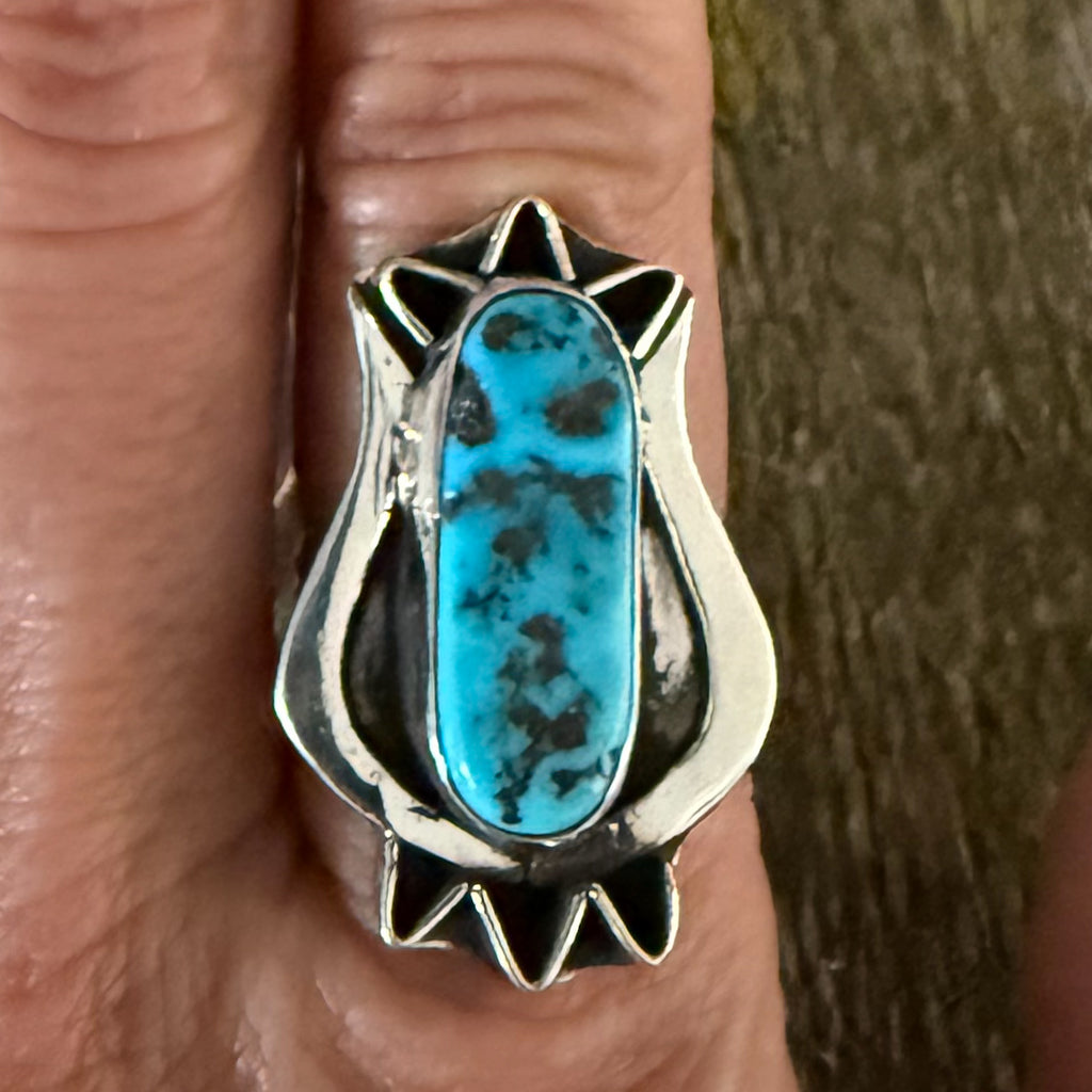 Authentic Native American Handmade Sterling Silver and Kingman Turquoise Nugget Ring Size 8.