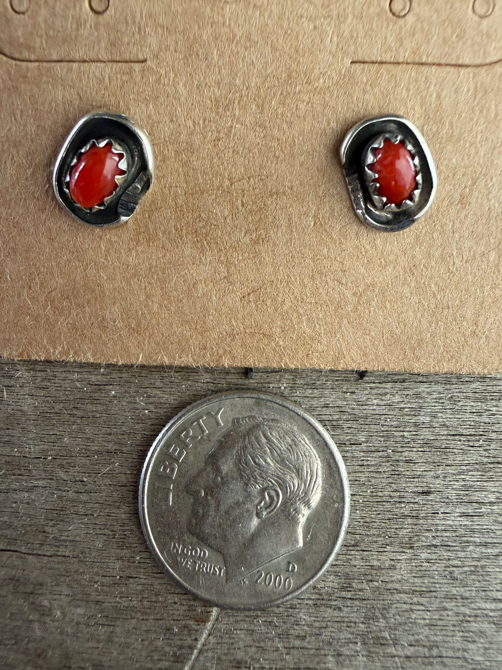 Native American Handmade Coral-Silver Stud earrings