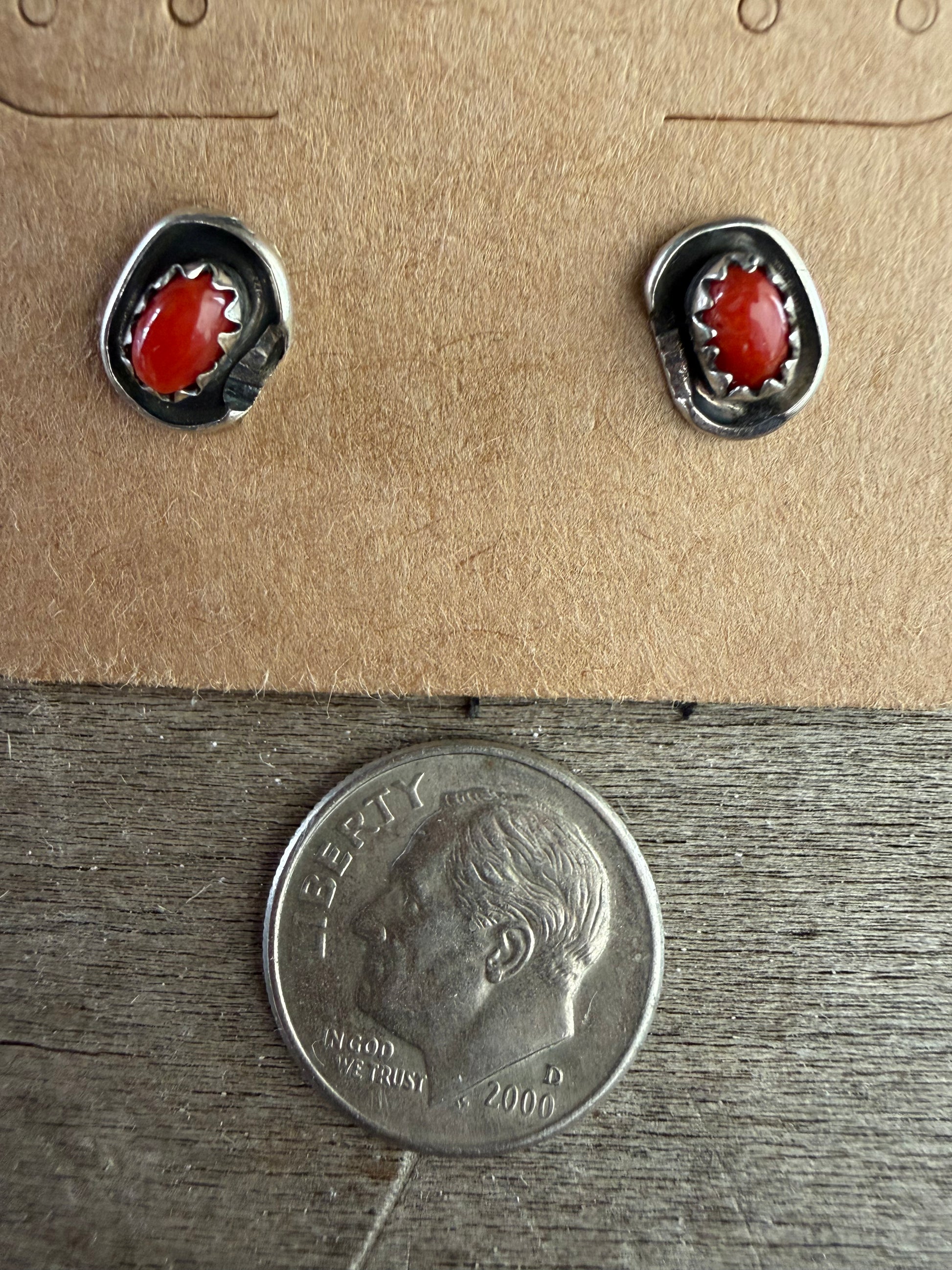 Native American Handmade Coral-Silver Stud earrings