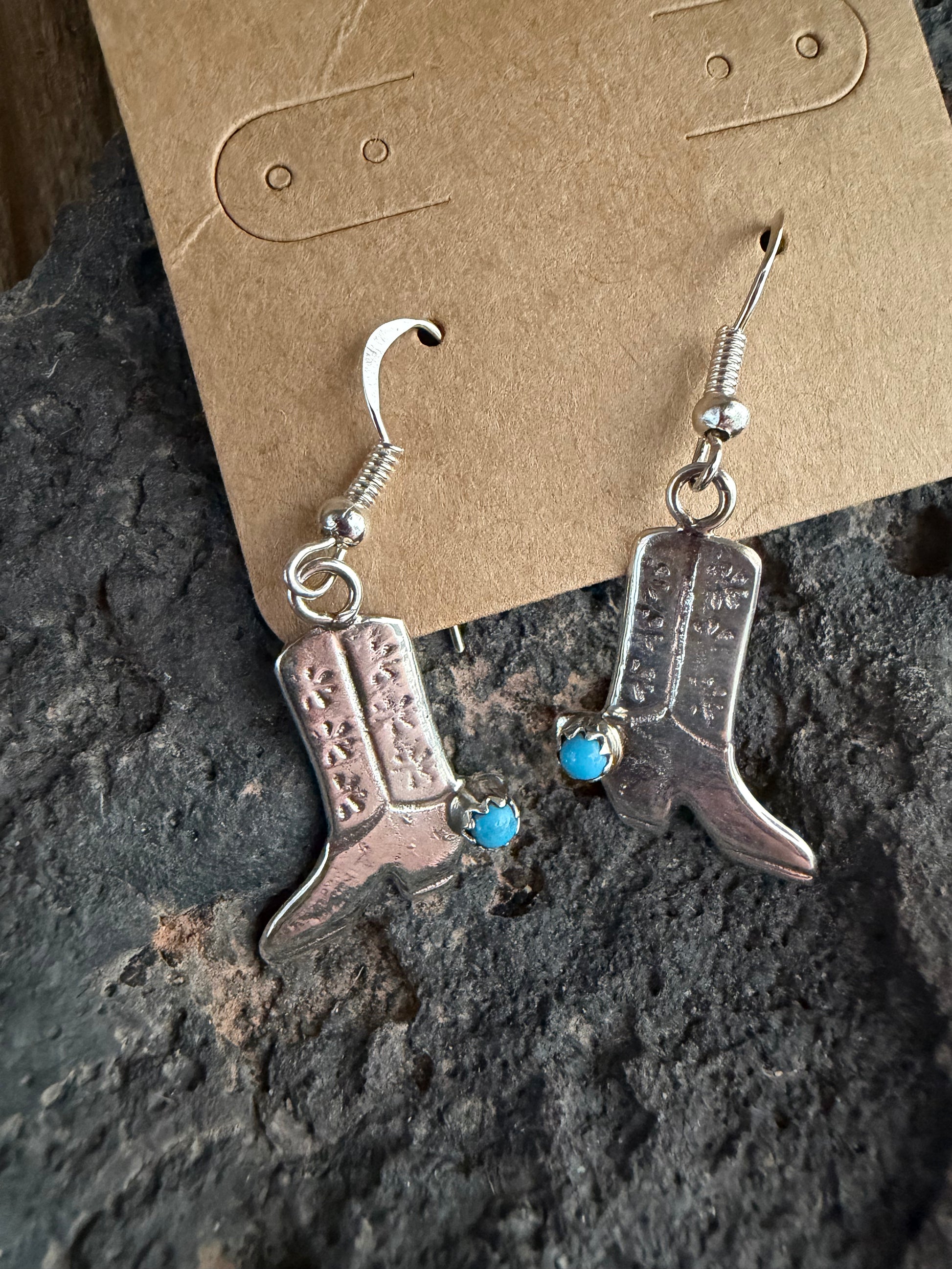 Native American Handmade Silver & Turquoise Cowboy Boot Earrings