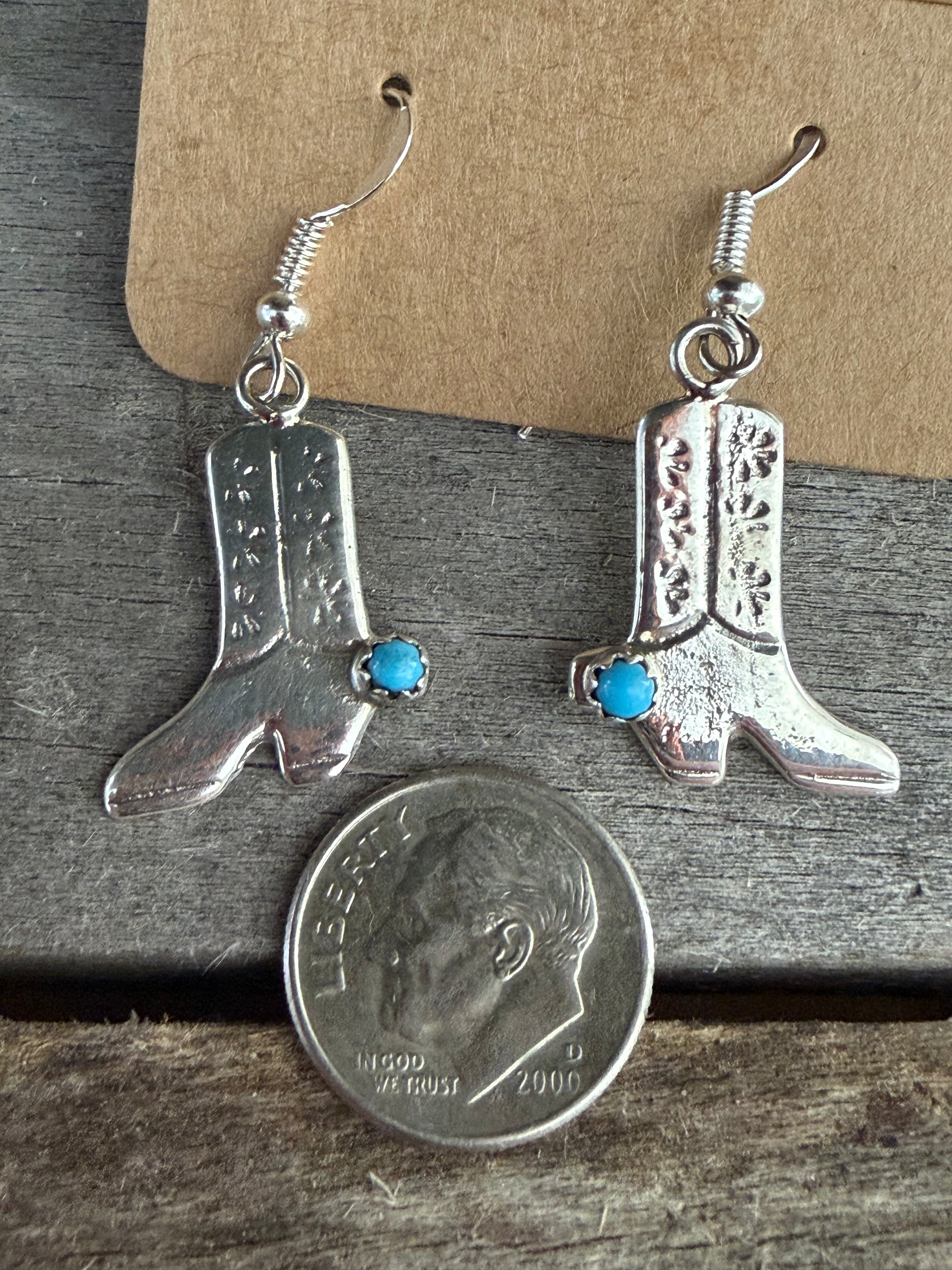 Native American Handmade Silver & Turquoise Cowboy Boot Earrings