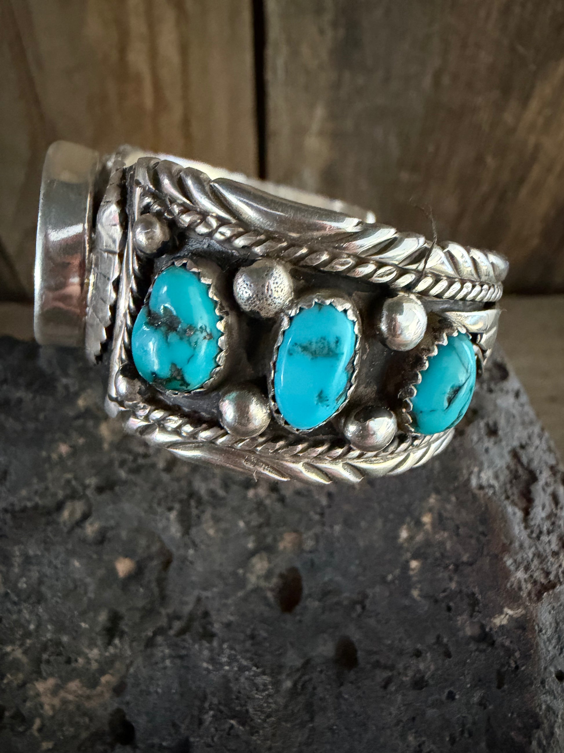 Native American Handmade Vintage Watch-Cuff Sterling Silver Kingman Turquoise