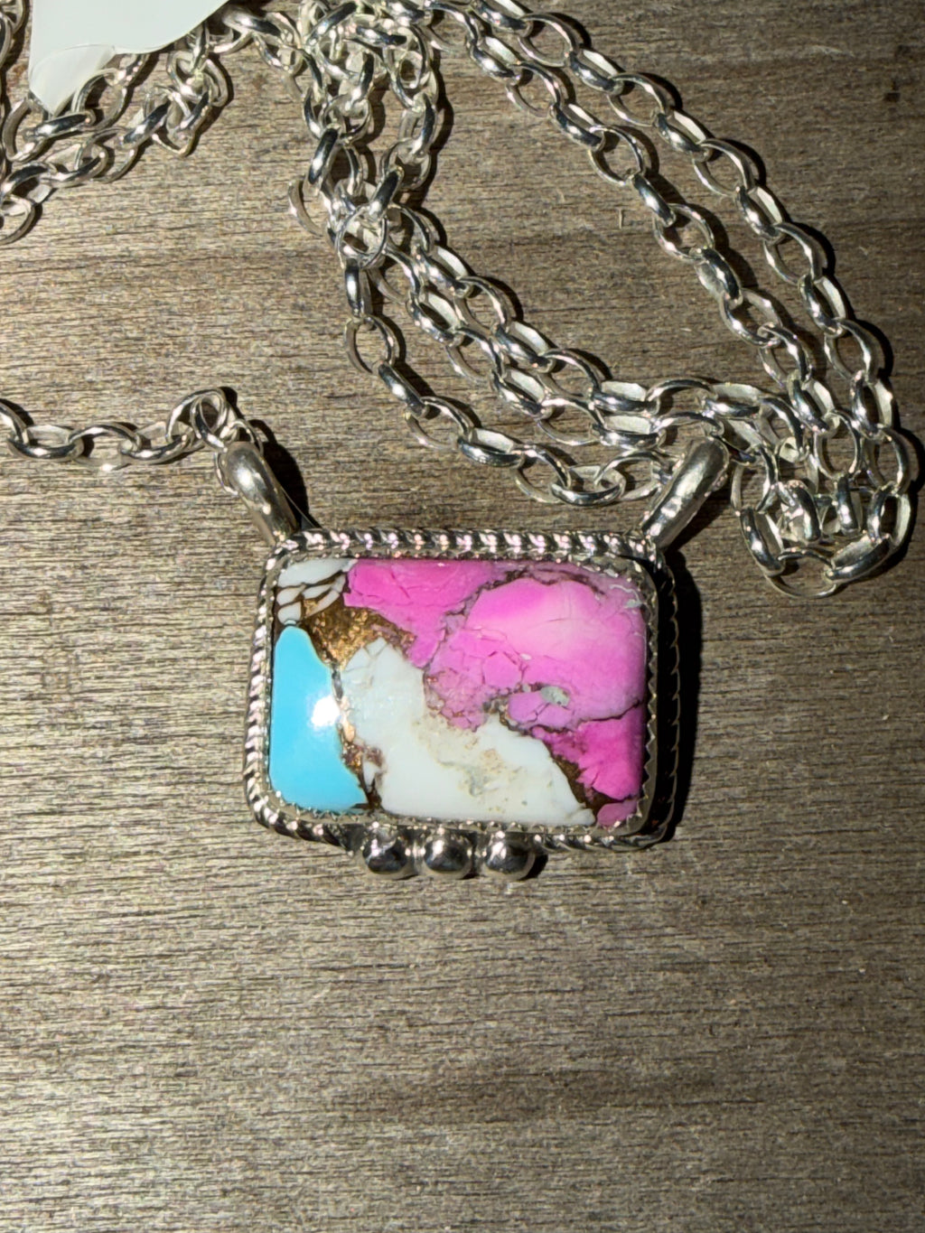 Native American Handmade Cotton Candy Pendant-Sterling Silver Necklace 18”