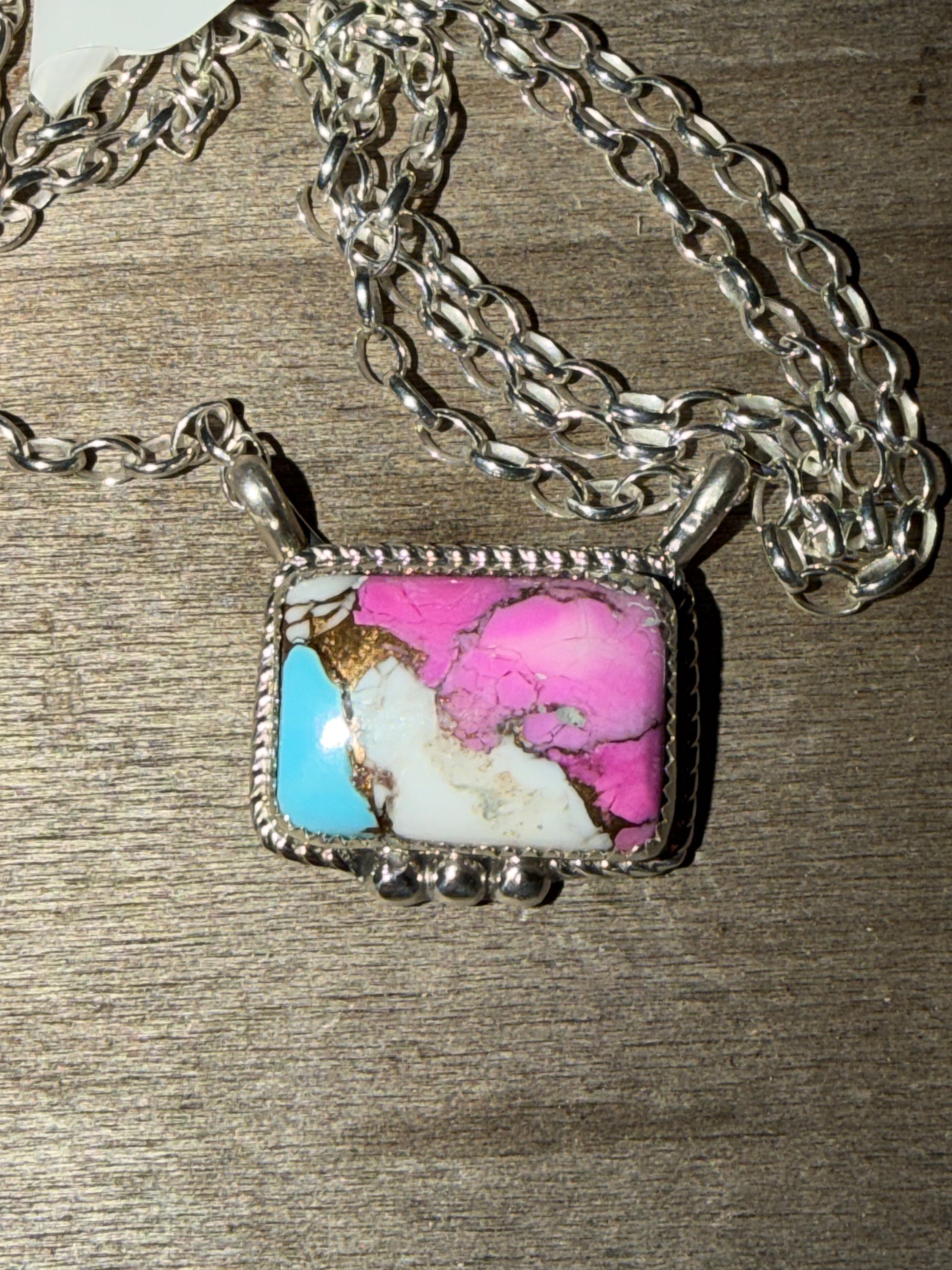 Native American Handmade Cotton Candy Pendant-Sterling Silver Necklace 18”