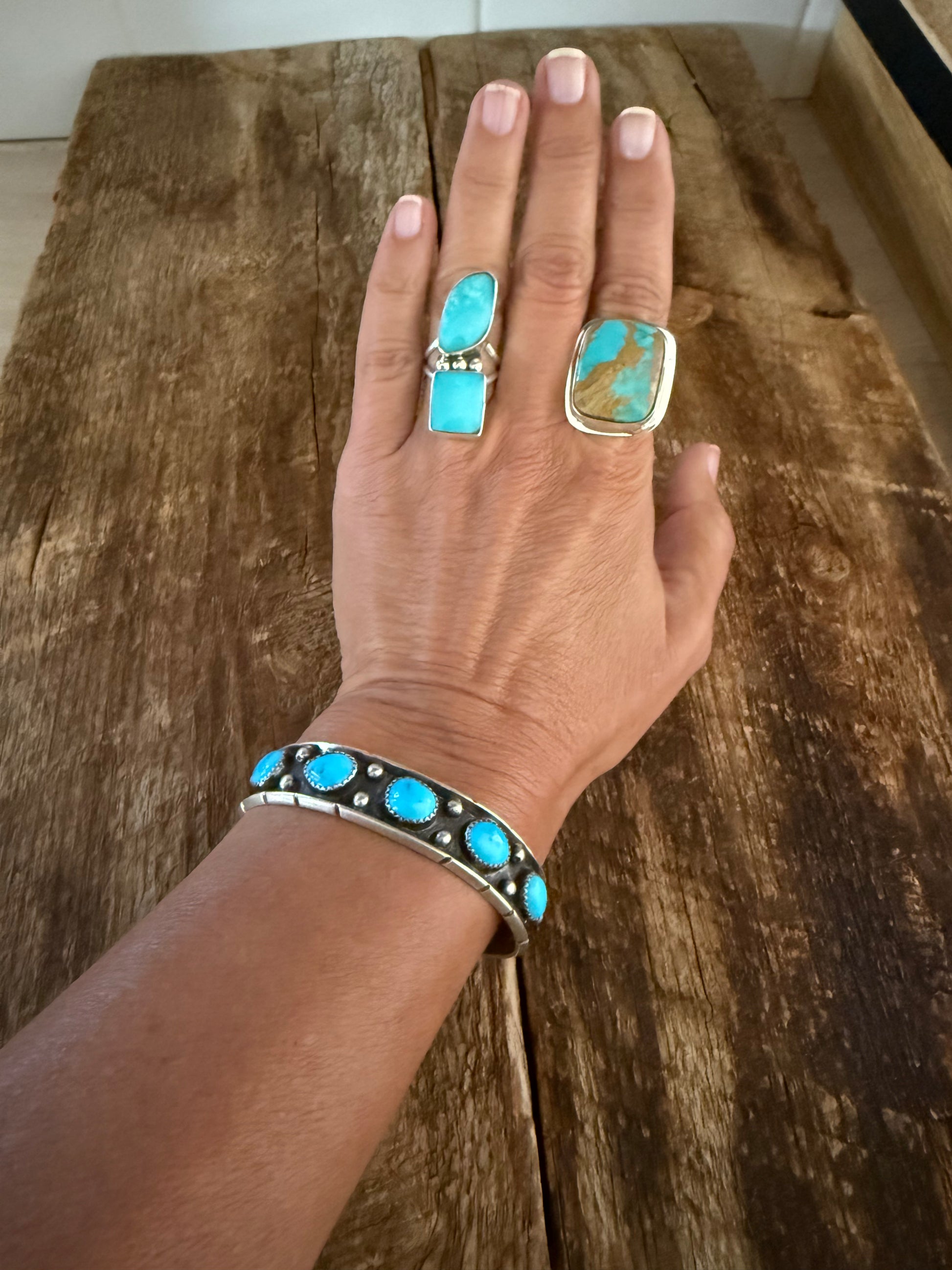 Authentic Native American Handmade Sterling Silver and Turquoise cuff bracelet.