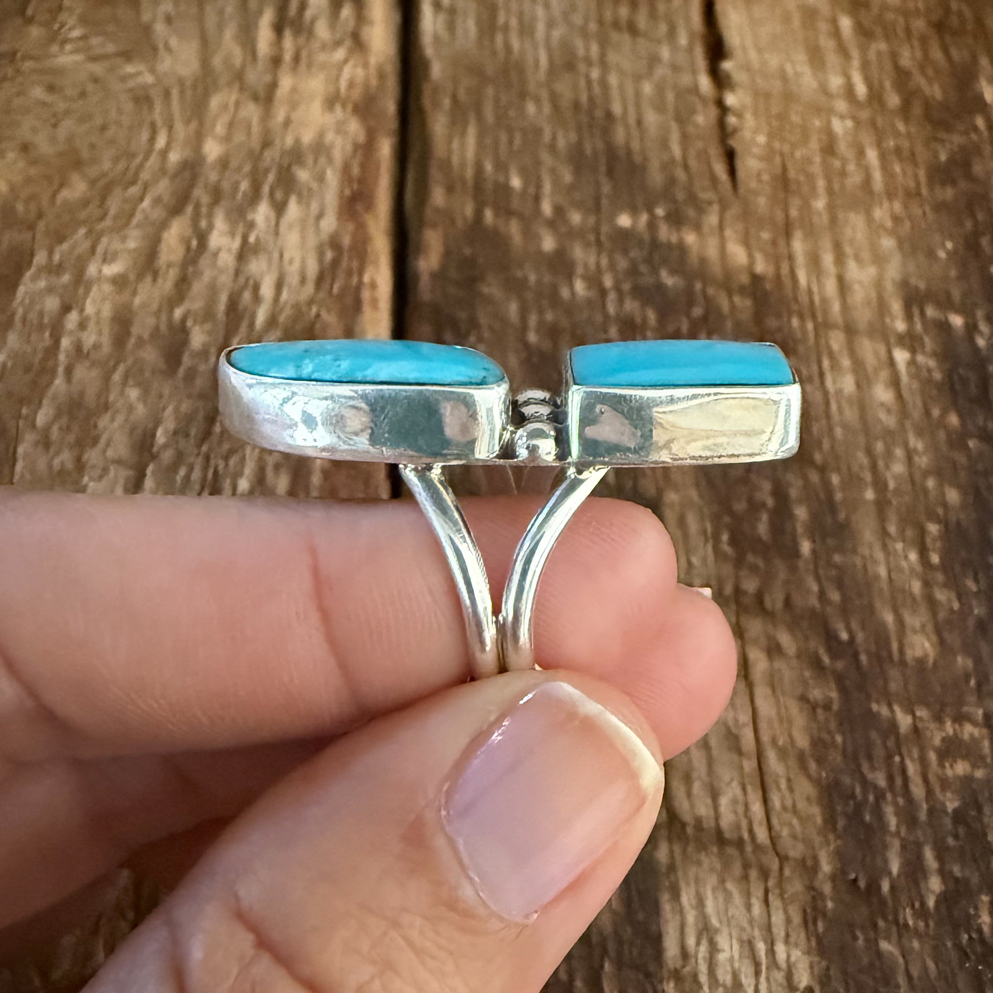 Authentic Native American handmade Sterling Silver and Turquoise double stack ring size 6 1/2.
