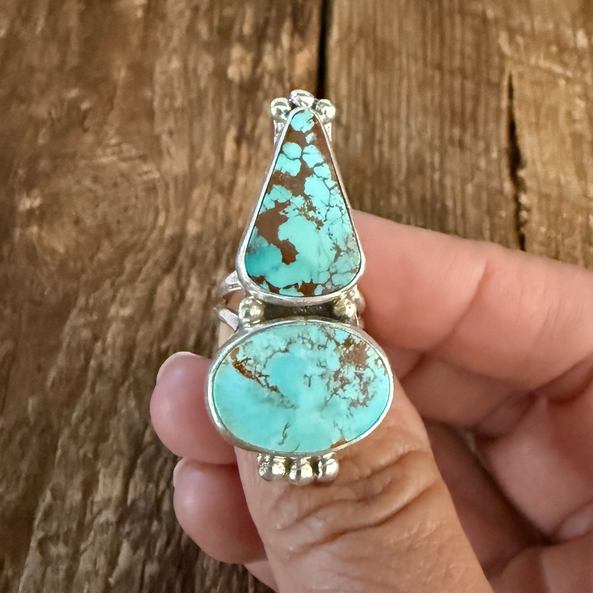 Authentic Native American Handmade Sterling Silver and Turquoise Double Stack Ring size 6.