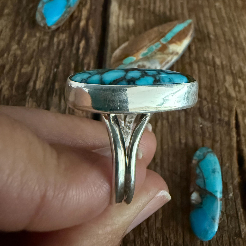 Authentic Native American Handmade Sterling Silver and Kingman Web Ring size 7 3/4.