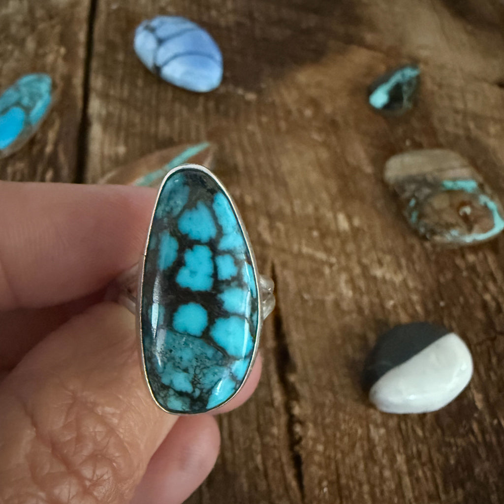 Authentic Native American Handmade Sterling Silver and Kingman Web Ring size 7 3/4.