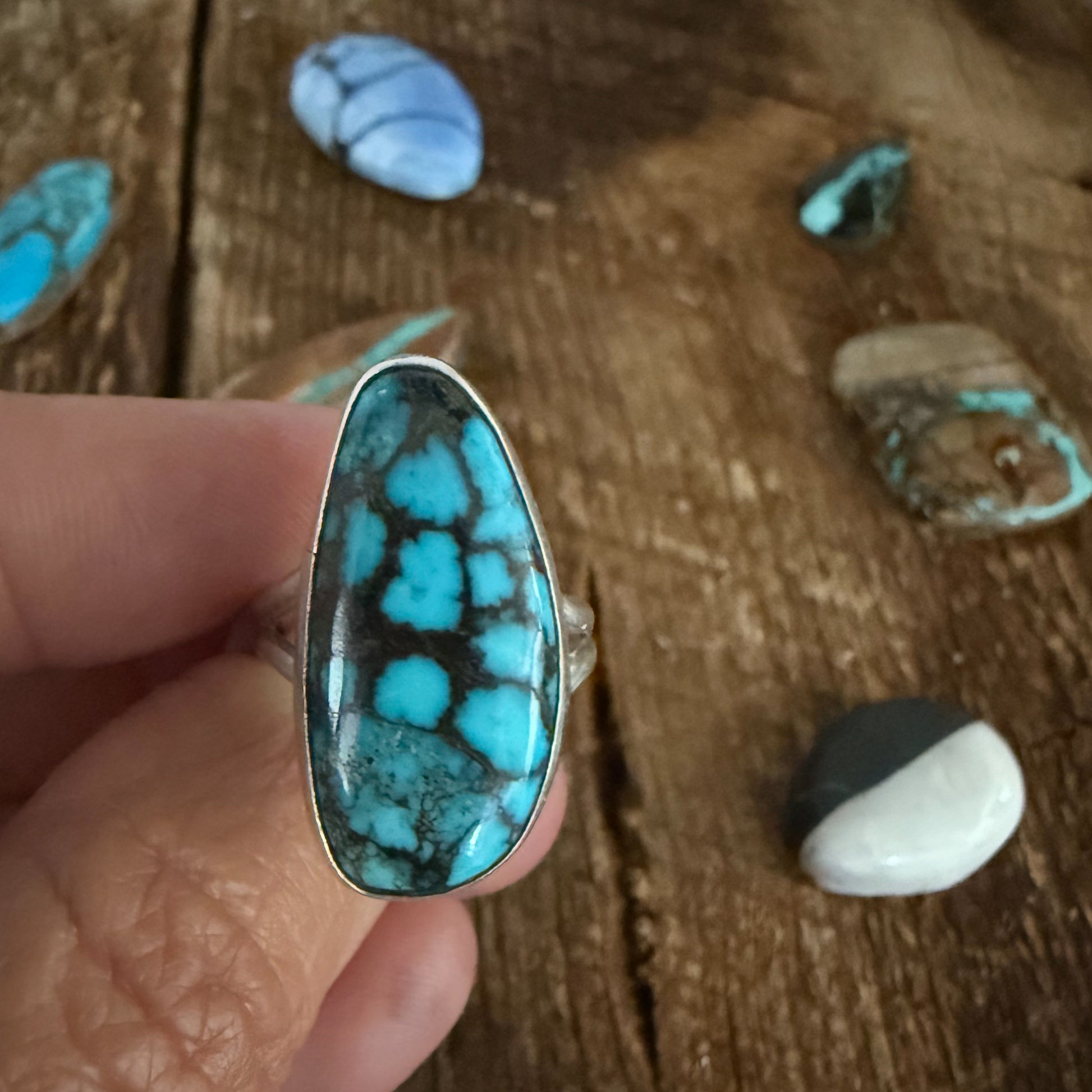Authentic Native American Handmade Sterling Silver and Kingman Web Ring size 7 3/4.