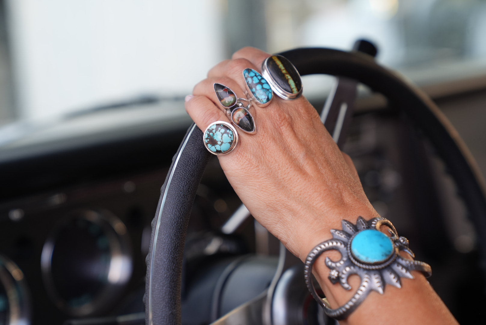 Authentic Native American Richard Yazza Tufa Cast Sterling Silver and Kingman Turquoise Cuff Bracelet
