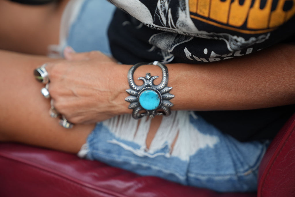 Authentic Native American Richard Yazza Tufa Cast Sterling Silver and Kingman Turquoise Cuff Bracelet