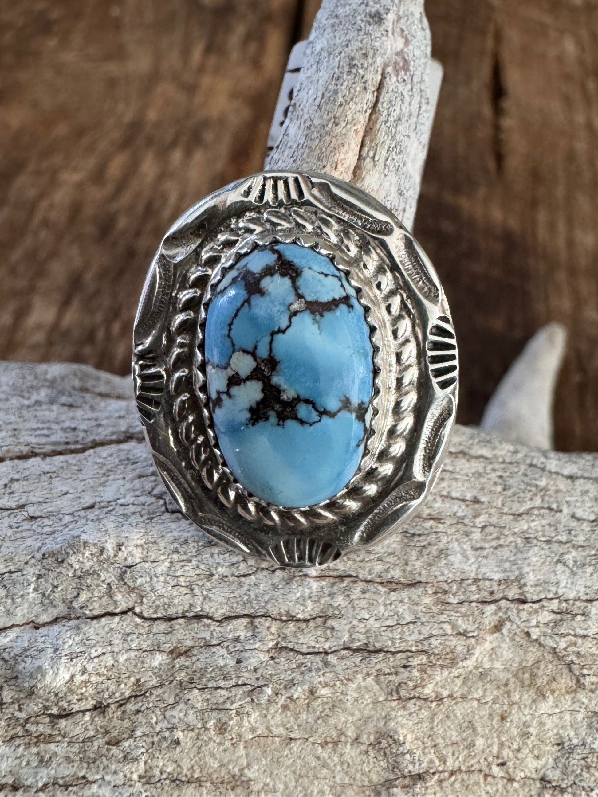 Authentic Native American Handmade Sterling Silver and Golden Hills Turquoise Ring Size 6