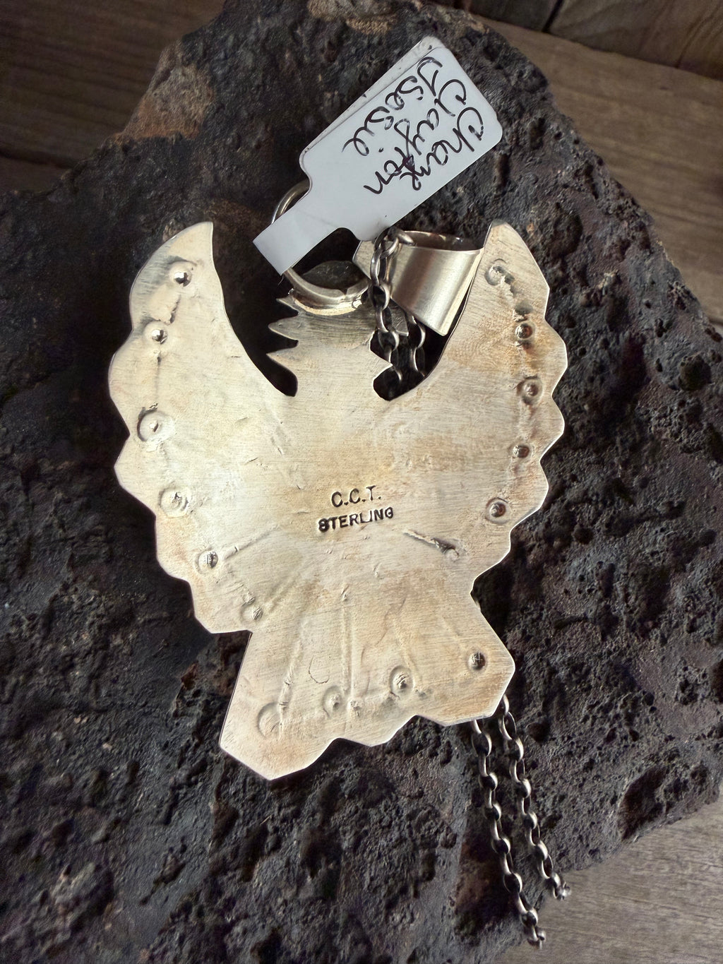 Native American Handmade Sterling Silver Desert Bloom Variscite Thunderbird Necklace 16” Sterling Silver Chain