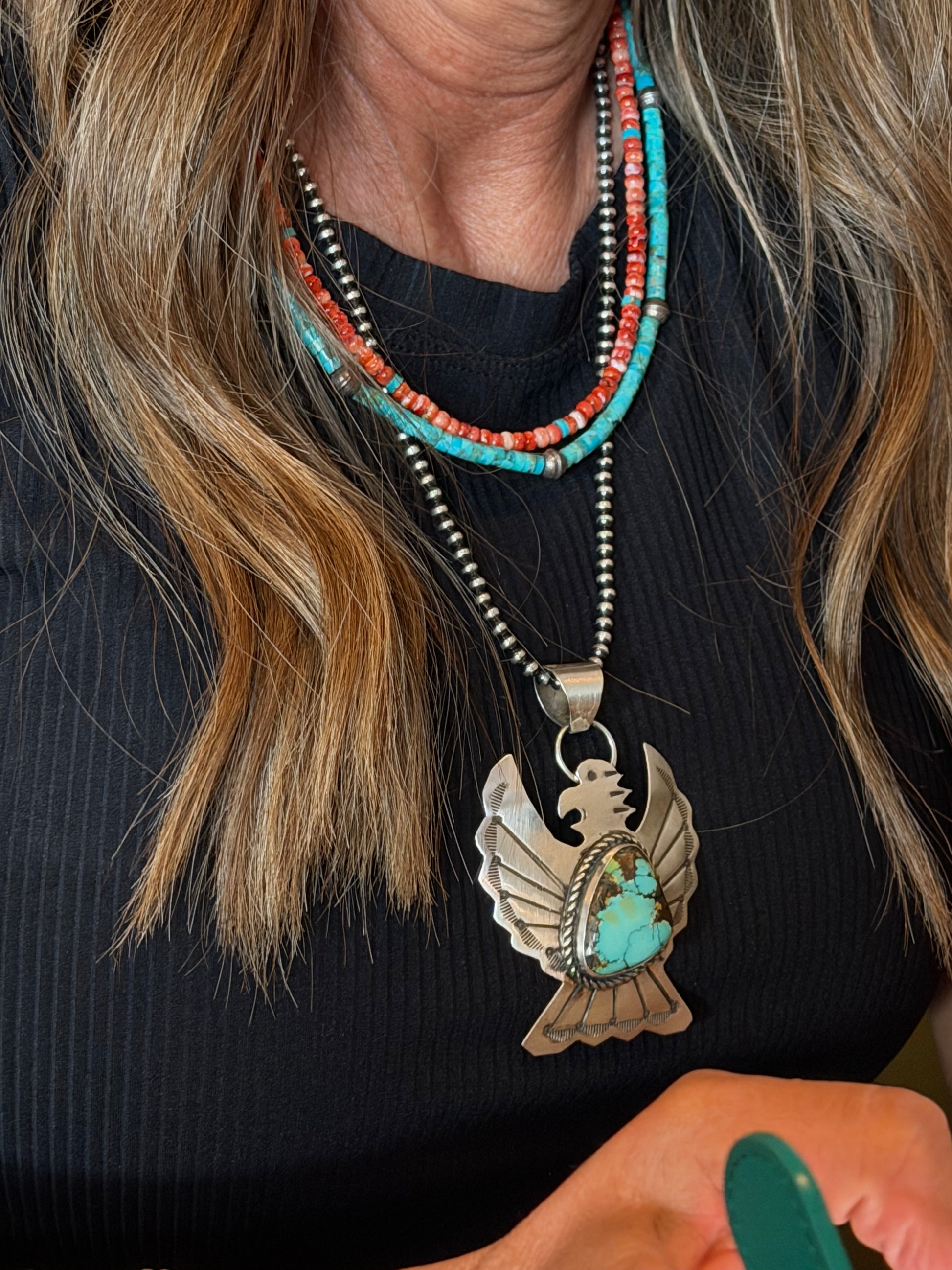 Native American Marquez Tachiini Handmade Turquoise Necklace with Sterling Navajo Beads 14-16” Adjustable Sterling Silver Clasp