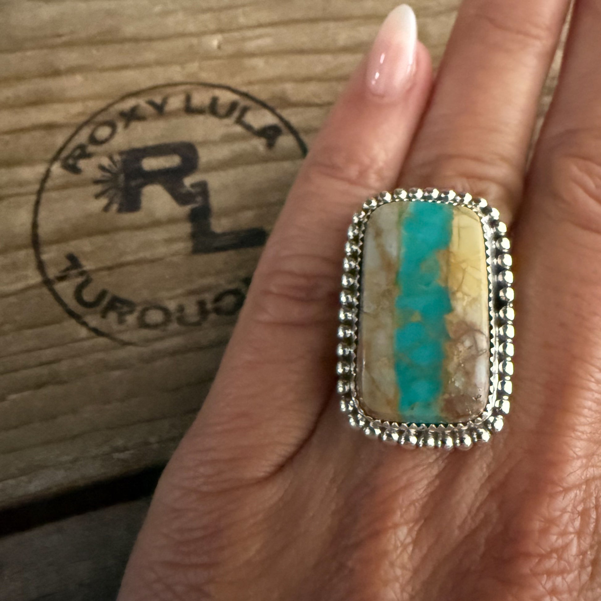 Authentic Native American Handmade Sterling Silver and Royston Ribbon Turquoise Ring size 7 1/2