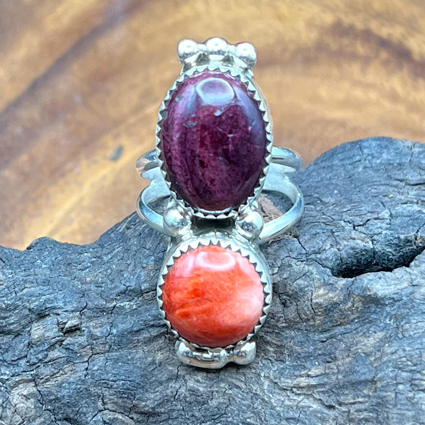 Authentic Native American Handmade Double Stack Spiny Oyster Sterling Silver Ring