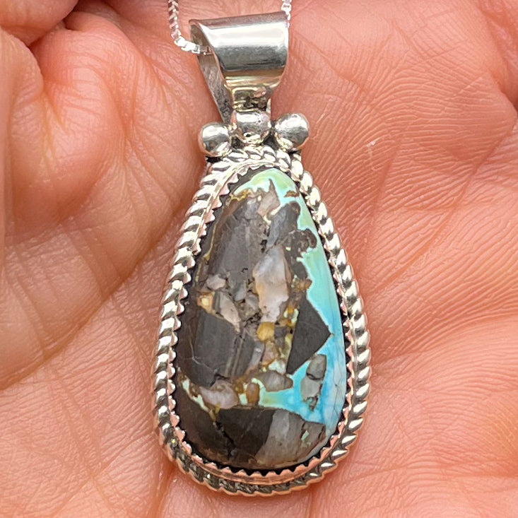 Authentic Native American Handmade Black Jack Turquoise Sterling Silver Pendant with 18” Chain