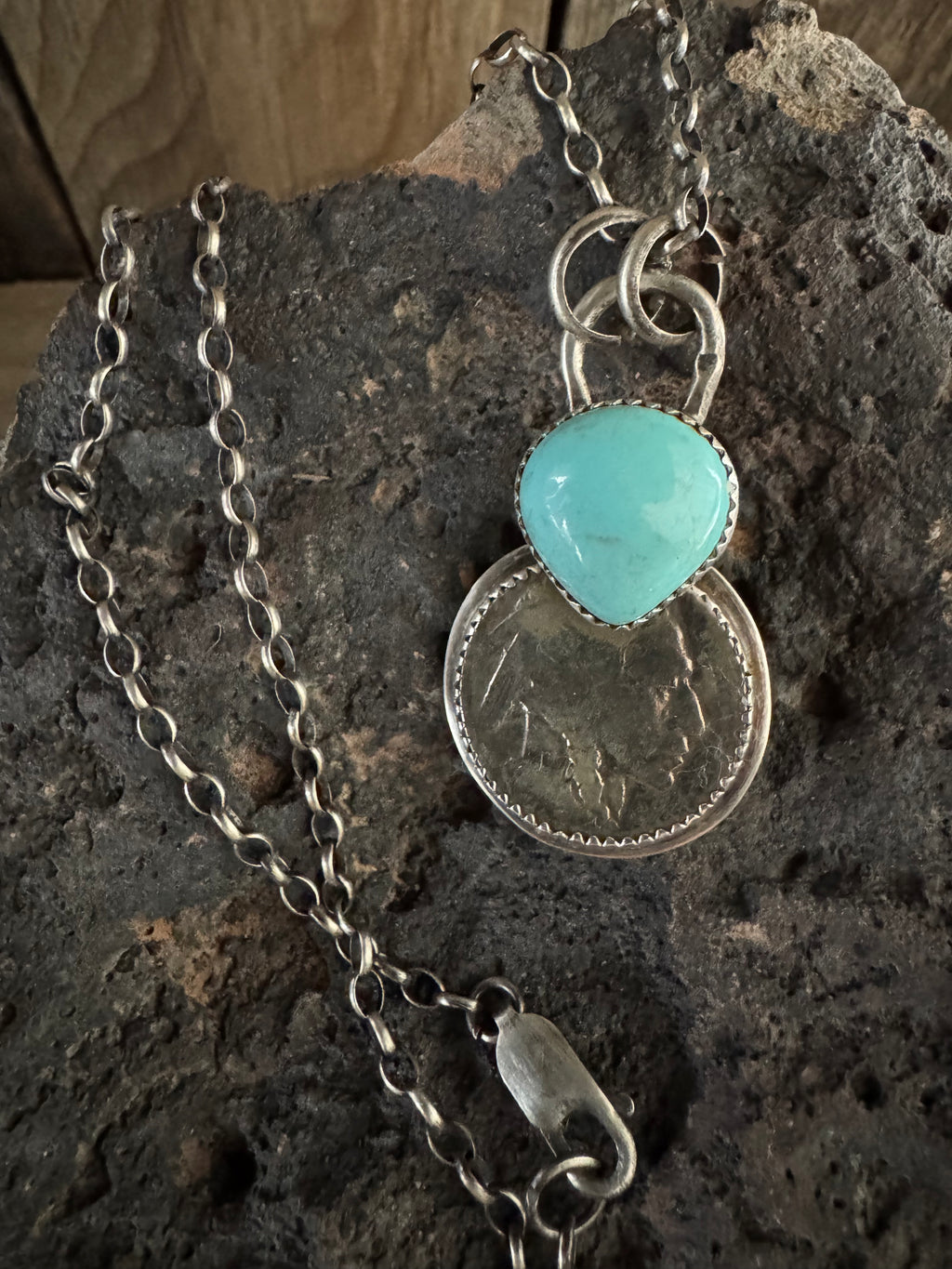 Handmade Buffalo 🦬 Nickel-Turquoise Sterling Silver Pendant and Chain 18”
